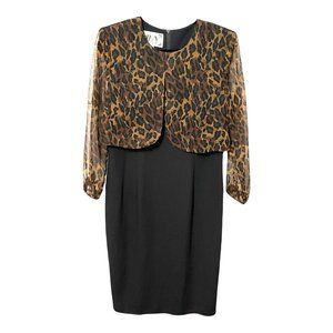 Vintage WYN Womens Dress Large Black Leopard Animal Print Jacket Like Top Attach